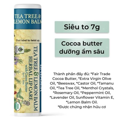 Son dưỡng môi hữu cơ BADGER Tea Tree & Lemon Balm Herbal Lip Balm USDA Organic - 7g
